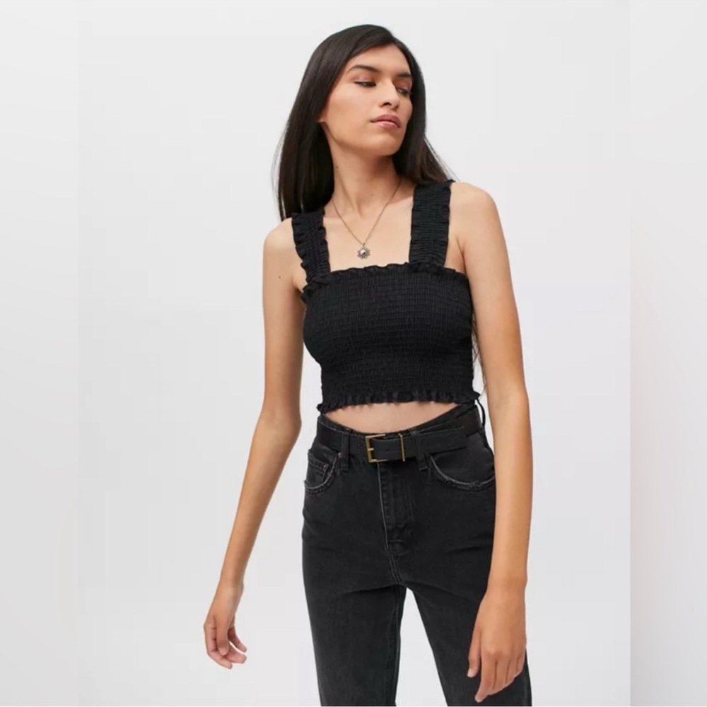 ASTR The Label Black Smocked Ruffle Strap Crop Top NWOT S